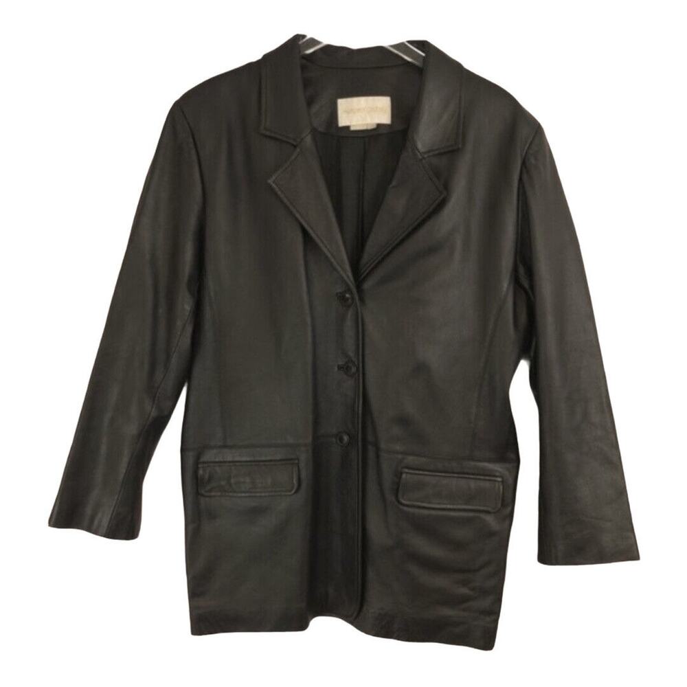 Margaret Godfrey Black Leather Button Front Jacket Coat  Women's Size 14 Pockets